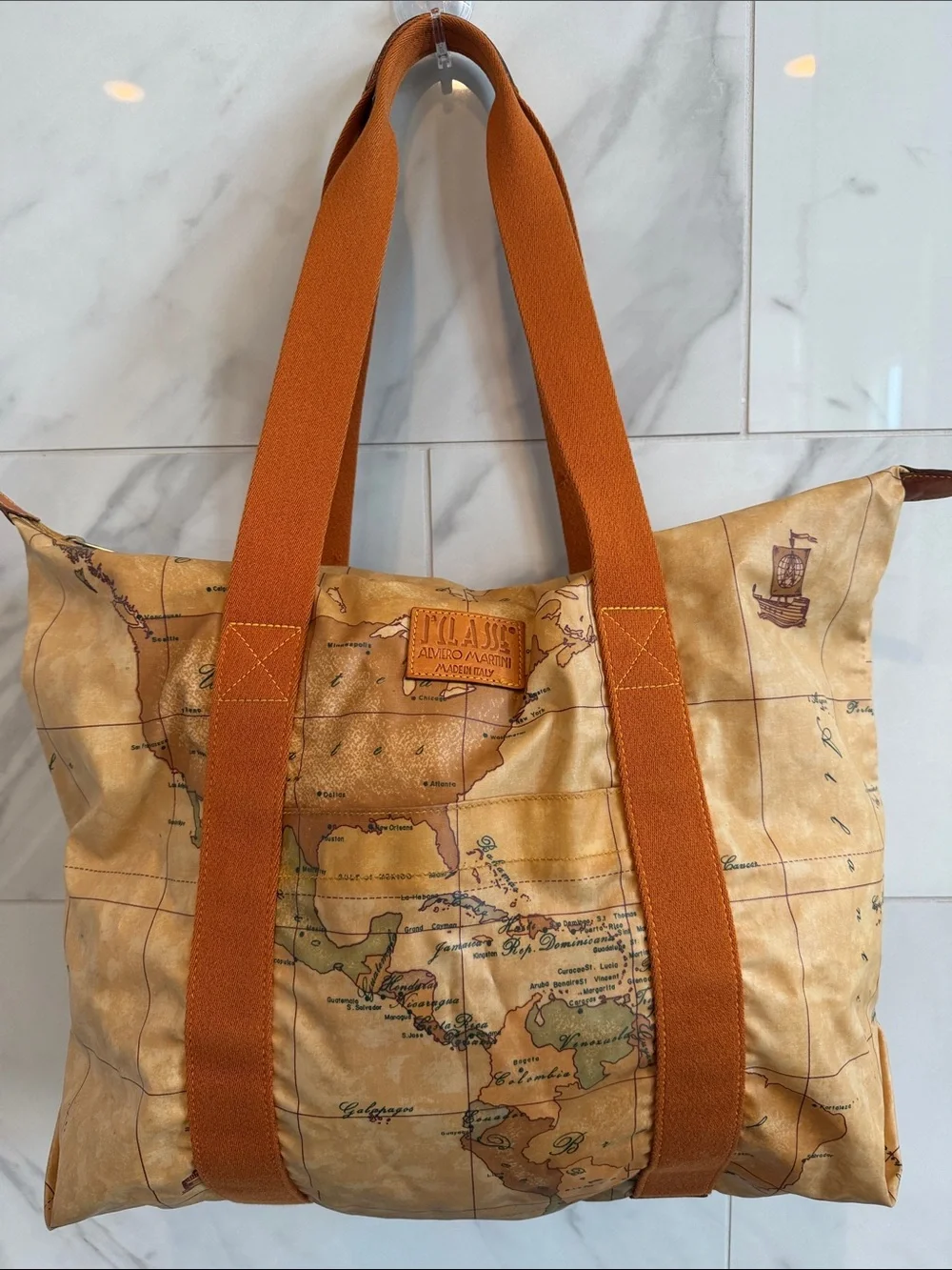 Alviero Martini Map-Print Duffel with Orange Straps